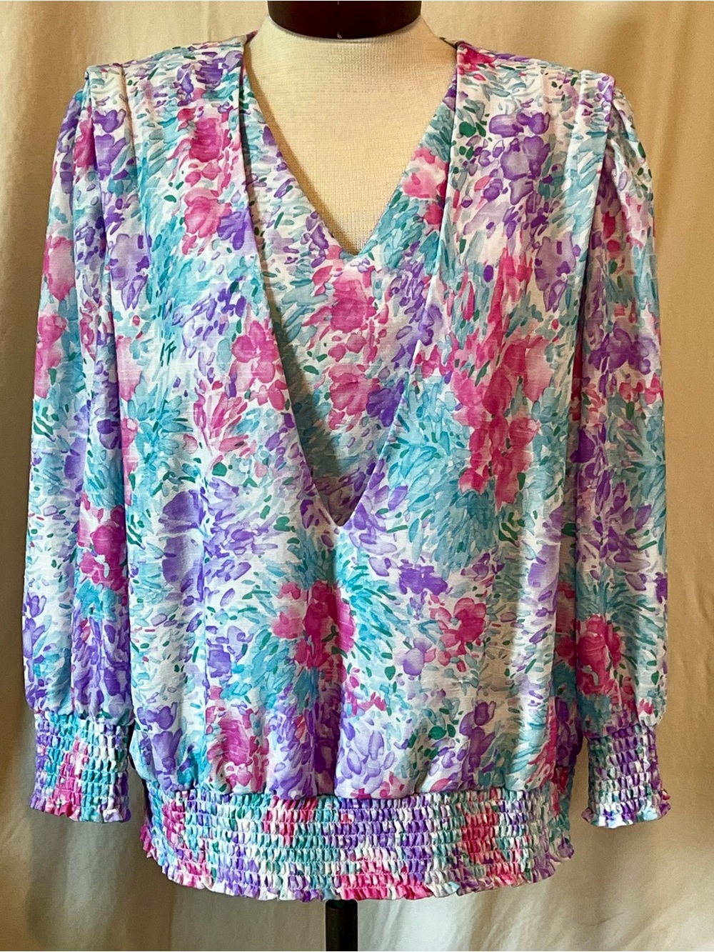Marti Designs 1980’s Floral V-Neck Long Sleeve Blouse in Pink, Purple & Teal